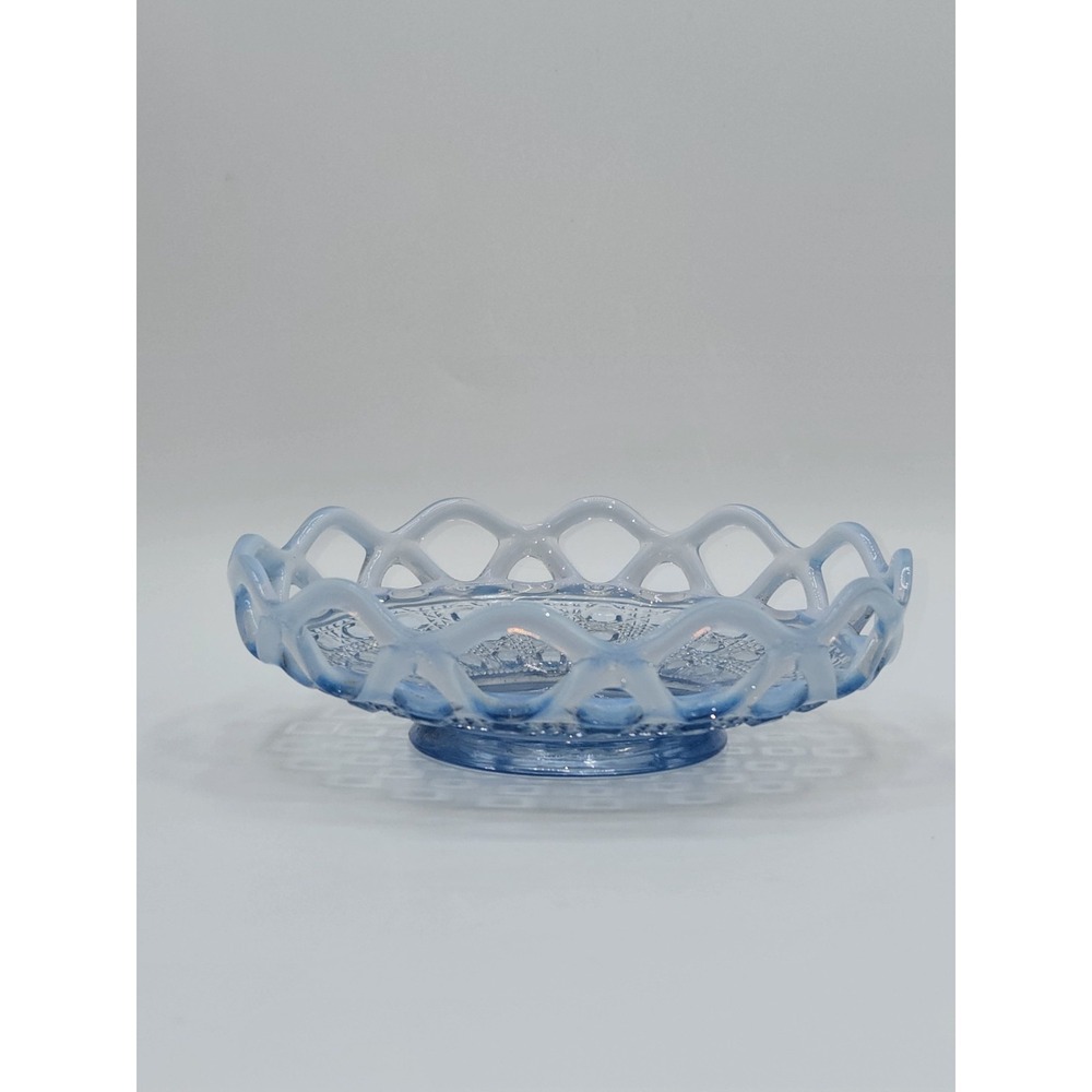 Imperial Glass Blue Milk Glass Open Lace Edge Candy Dish Compote Bowl